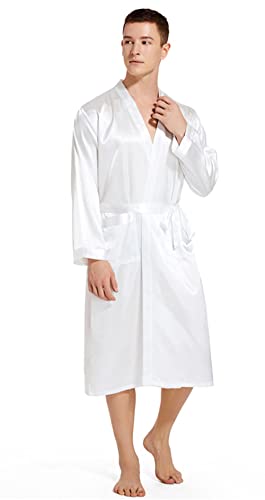 DQSSYTTX Groom Wedding Robe with Pocket Bronzing on The Back White Silk Bathrobe for Men Wedding Party Sleepwear Kimono Robe3
