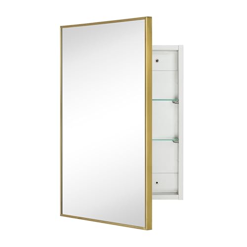 Image of TEHOME 16.5'' x 24'' Brushed Gold Recessed and Surface Mount Bathroom Medicine Cabinet with Mirror Brushed Gold Square Cornered Metal Framed Rounded Rectangle Medicine Cabinet Mirror