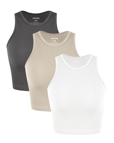Image of ODODOS 3-Pack Seamless Crop Tank for Women Ribbed Soft High Neck Cropped Tops