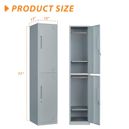 Image of Metal Locker for Home, Dressing Room, 71 inch Steel Storage Lockers for Employees, Lockable Locker Cabinet with 2 Doors (Grey)