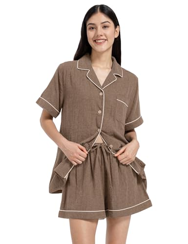 Image of Womens Muslin Pajama Sets 100% Cotton Double Gauze Linen Like Short Pjs | Breathable Soft Comfort Button Up Loungewear Sleepwear PJ Set