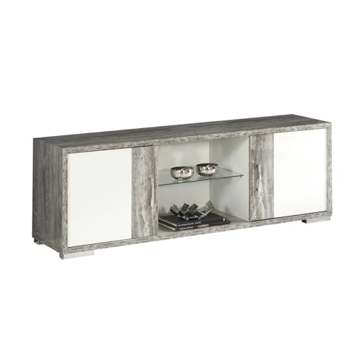 C L'AFFAIRE Meuble TV 2 Portes laqué Blanc Effet Bois Taupe - DENIO