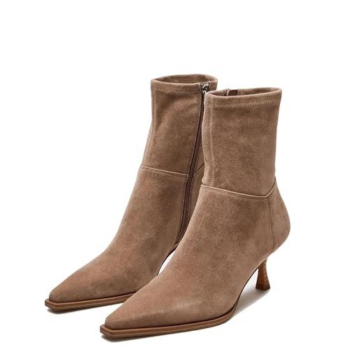 Womens Brown Suede Fall Boots with Side Zip, Ankle, Mid Calf, Pointed Toe, Kitten Heel, Dressy, Short Boots