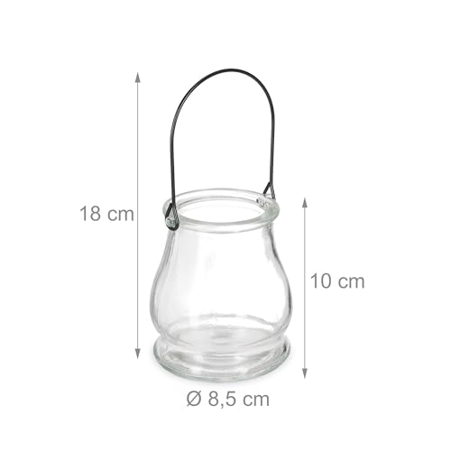 Relaxdays Windlicht, 16er Set, aus Glas, mit Henkel, innen & außen, Teelichthalter, HxD 10 x 8,5 cm, transparent/schwarz