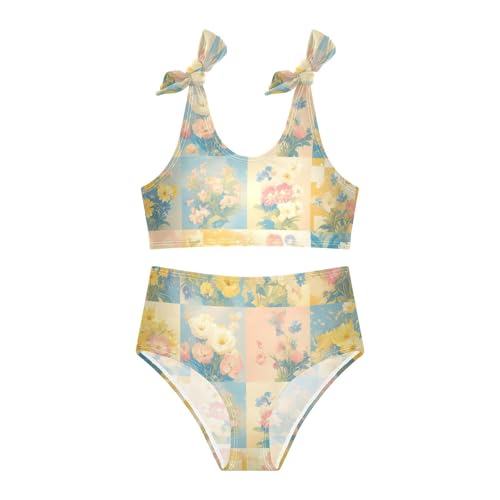 KLL Retro Checker Board Groovy Flower Oil Painting Girl 2 Piece Bikini Sets Beach Swimsuits Swimming Suits Cute3