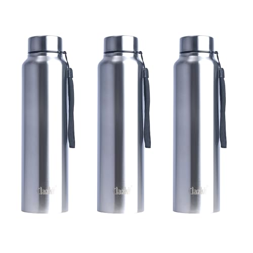 Clazkit Stainless Steel Water Bottle, 700 ml - Single-Walled, Spill-Proof, Food Grade Steel | Fridge, Office, School, Travel, Gym, Car - Set Of 3 (Sil