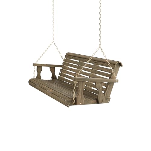 Image of Amish Casual Heavy Duty 700 Lb Capacity Porch Swing (6 Foot, Dark Walnut Stain) - Wooden Outdoor Roll Back Swing with Hanging Chains - Amish Made in the USA