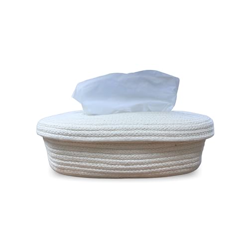 Image of BOBBINY Jute Cotton Tissue Box Holder, Handcrafted Tissue Container for 100 Pulls Natural Tissue Holder for Office Living Bedroom Car Desk Dining Table Home Decor (Off White, Design 1)