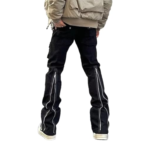 Men Zipper Flared Jeans Cargo Pants Clothes Straight Solid Casual Long Trousers