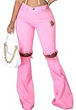 Women's Bell Bottom Jeans for Women Plus Size Elastic High Waisted Flared Jeans Classic Raw Hem Ripped Denim Pants(Pink,Small)