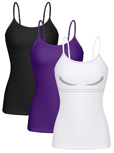 ATTRACO Three Packs Tank with Built in Bra Camisole Tops for Women Shelf Bra Cami Purple L