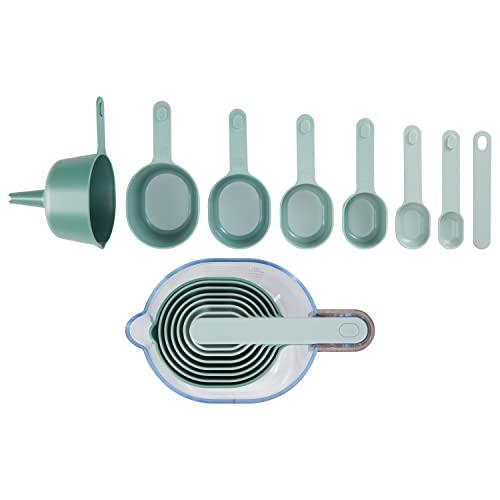 Phantom Chef Nested Measuring Cups & Measuring Spoons Set (9 Pieces Set) | Dishwasher Safe | 1 Funnel, 1 Cup, 1/2 Cup, 1/3 Cup, 1/4 Cup, Level, 1 Teaspoon, 1 Tablespoon, (1L) 4 Measuring Cup (Green) #TOP3