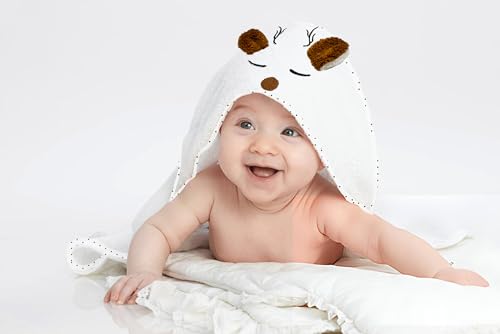 Image of Organic Baby Hooded Bath Towel 30x30 Inch - 100% Organic Cotton, 380 GSM Soft & Absorbent Newborn Towel with Embroidered Hood, (Deer)