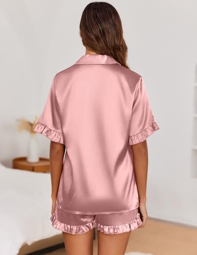 Image of Ekouaer Satin Pajama Set for Women 2 Piece Pj Sets Short Sleeve Sleepwear | Super Soft Silky Summer Loungewear Set with Ruffle Short Sleeve Top and Pocket Shorts, Casual Travel Daily Gift