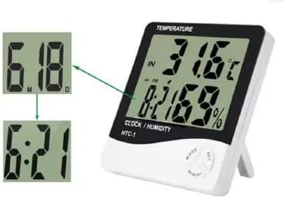Kadio Digital White Clock display with labels for time, temperature, humidity, and buttons