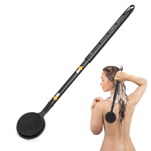 Brosse de dos télescopique avec manche long de 58,5 cm, brosse de bain pour la douche, brosse de douche double face pour le gommage et la massage
