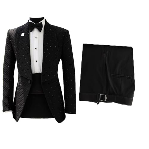 Men's Slim Fit Tuxedo Suit 2 Pieces with Rhinestone Welt Pockets Dual Vents Formal Jacket and Pants