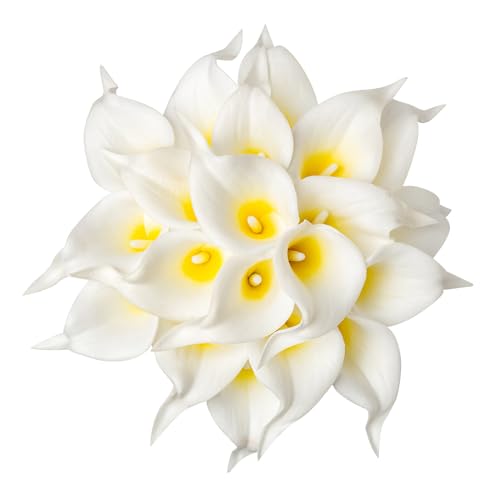 DuHouse 20Pcs Artificial Calla Lily Flower Real Touch Latex Flowers for DIY Wedding Bouquet Party Home Decor (White Yellow)