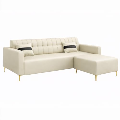 Image of SOCOZI Anton 3 Seater Modular L Shape Sofa Set with Ottoman |Premium Leatherette Fabric with Golden Metal Legs | Modern Design | Plush Comfort Cushions for Living Room (Cream Leatherette)