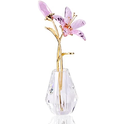 Movdyka Crystal Lily Flower Figurine with Stems, Handmade Collectible Statue for Decoration Mothers Day, Centerpiece, Valentines Day, Bridal Shower Gift Pink Cover