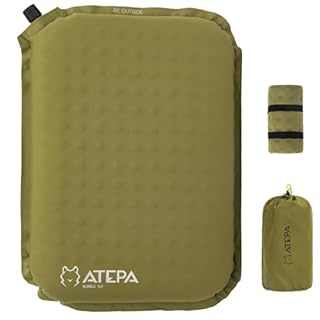 ATEPA Inflatable Seat Cushion, Self-Inflating Portable Stadium Airplane Travel Foam Cushion Seat Pad Pillow for Camping, Sports Events, Outdoor, Olive