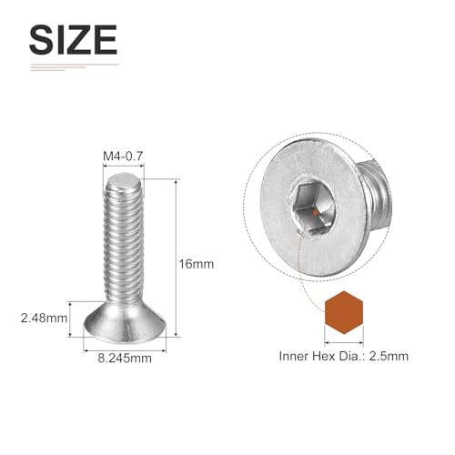 Image of DTGN M4-0.7 x 16mm Flat Head Socket Cap Screws, 100 Pack 304 Stainless Steel Hex Socket Flat Head Screws, Full Thread, Countersunk Bolts