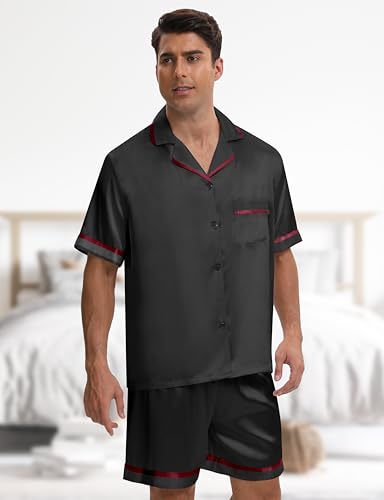 SEALINF Silk Pajamas for Men 4 Pcs Short Sleeve Button Down Sleepwear Satin Pajamas Set Shorts Long Pants Pjs with Sleep Mask2