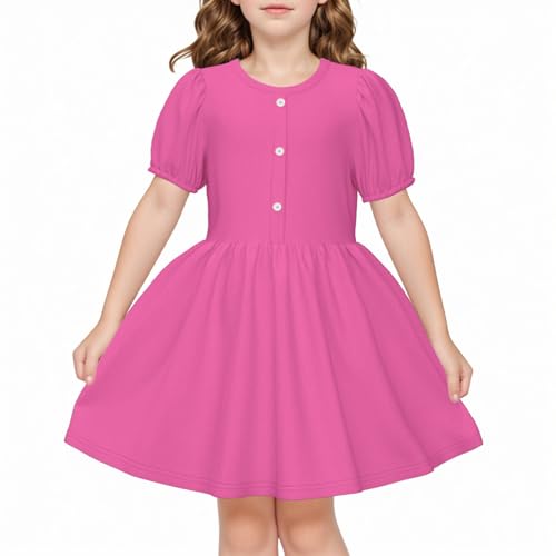 LQSZ Girls Summer Dress Puff Sleeve High Waist A Line Solid Color Dress for Party School Easter Outfit 3-12Y