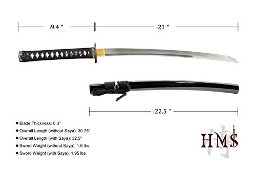 Handmade Sword - Fully Functional Samurai Wakizashi Sword, 1045 Carbon Steel, Hand Forged Heat Tempered, Full Tang, Sharp, Brass Musashi Tsuba, Black Scabbard