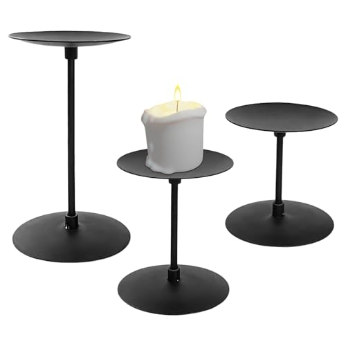 3 PCS Black Candle Holders, 3.5 Inches Round Metal Candle Stands 3 Heights, Minimalist Pillar Candle Holders for Table Centerpieces, Fireplace Decorations, Retro Christmas Candle Holder Set