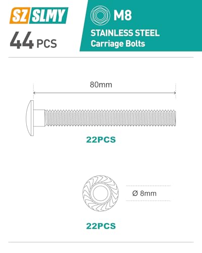 44 Stück Schlossschrauben M8 x 80mm, Edelstahl Torbandschrauben mit Sechskant Flanschmuttern, Flachrundkopfschrauben mit Vierkantansatz, Flachrundkopf Schloßschrauben mit Muttern Set(M8)