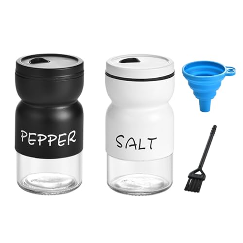 Hsthe Sea Set di 2 contenitori per spezie, Sale e Pepe, Bottiglie di spezie in Vetro Vintage con Coperchio, Spazzola per la Pulizia, Imbuto, barattoli di spezie per Cucina (Nero + Bianco)