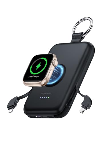 RORRY Power Bank, 10000mAh PD 20W Ultra Sottile e Leggero Powerbank con cavo di ricarica USB-C/iOS compatibile con iPhone 15 Pro Max/14 Pro/13/12 Samsung Xiaomi e Apple Watch Ultra/9/8/7/6/5/4