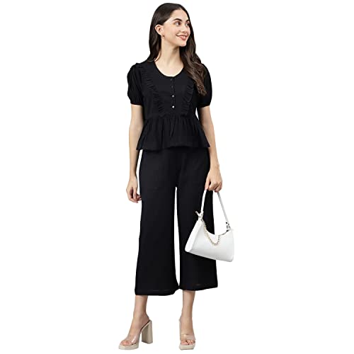 Image of DEEBACO Women's Solid Calf Length Top with Trouser|V-Neck|Short Sleeve|Cord Set for Women Cotton|Jumpsuits Western Dress for Women Stylish|Two Piece Co ord Set|Party Casual Wear(Aqua Blue)