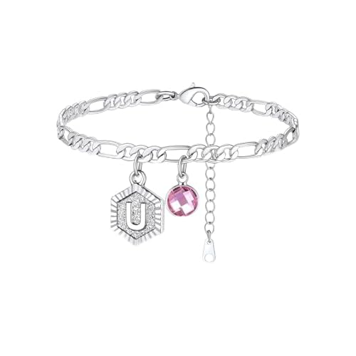 Custom4U Personalized Initial Ankle Bracelets for Women 14K Gold Plated Dainty CZ Birthstone Heart/Hexagon Letter Initial Anklets for Women Adjustable Silver/Gold Foot Chain Summer Beach Jew