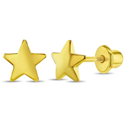 Yellow Gold Plated Plain Little Star Safety Screw Back Earrings for Toddlers and Little Girls 6mm - Elegant and Shining Star Jewelry for Kids Everyday Accessory