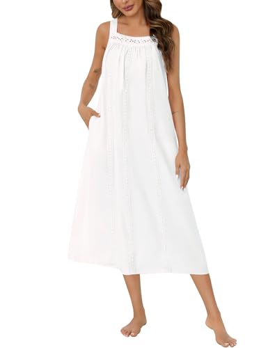 SWOMOG Women's Cotton Nightgowns Sleeveless Night Gown Embroidery House Dress Soft Long Nightdress with Pockets