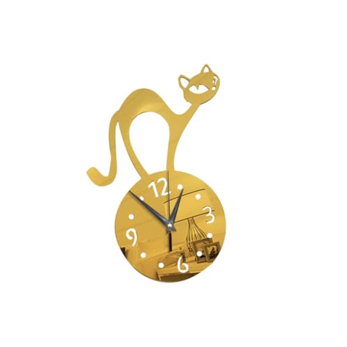GALPADA 1 Pièce Horloge Murale Décorative Chat Acrylique Miroir Doré sans Bruit Pendule Murale Silencieuse pour Chambre Salon et Bureau Stickers Muraux...
