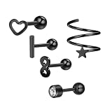 DYRBF - Juego de aretes de acero inoxidable: 16 g, joyería de parte trasera plana, circonita cúbica, estrella, luna, rosa, flecha, para cartílago, tragus, hélice, lóbulo, oro, negro, plata, oro rosa