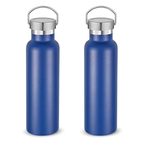 Volhoply 600ml Insulated Water Bottles Bulk Two Pack,Stainless Steel Double Wall Sport Bottle with Lid of Handle,Metal Reusable Flask with Cup Cap for School,Cyclists,Gift (Navy,Set of 2)