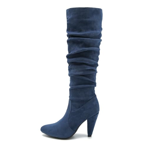 Heiyom HY-BT-5261-2-ROYAL BLUE SUEDE-41-FBA Women'S Knee High Boots Pointed Toe Sexy Kitten Cone Heel Slouchy Boots Side Zipper Pleated Leather Tall Boots Royal Blue Suede-41 thumb #1