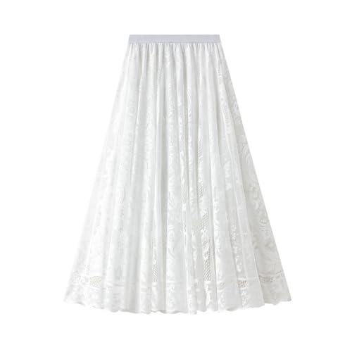 Womens Lace A-Line Skirt Elastic High Waist Pleated Skirts Trendy Dressy Flowy Midi Skirt for Wedding Party Evening