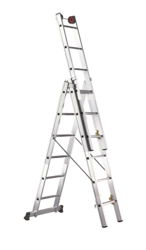 Svelt Scala Professionale a 3 Tronchi in Alluminio – 6 gradini per Tronco – Trasformabile in Appoggio e Cavalletto – Con Stabilizzatore, Guardacorpo e Rotelle di Sfilo