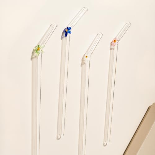 Image of THE Empty Space Set of 4 Reusable Glass Straws,Pink Cute with Gift Packaging for Smoothies, Milkshakes, Juices, Teas, Perfect for Parties & Gifts | 7 inch Height 4 PCs (Pink Flower)