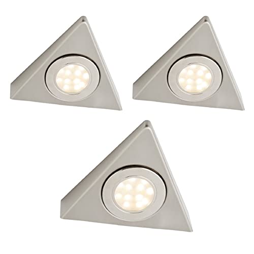 Britalia 3 Pack | LED Satin Nickel Modern Triangular Under Cupboard Light CCT 142mm | 1.5W LED - 120 Lumens | Colour Change 3000k - 4000k - 6000k | Mains Voltage