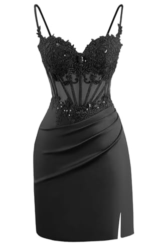 Clothfun Short Lace Applique Homecoming Dresses for Teens Satin Sequin Mini Cocktail Dress CY236