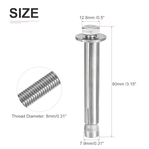 Image of DTGN M8 x 80 Hex Expansion Bolts - 5Pack - Good for Concrete Dry Brick Block Walls - 304 Stainless Steel - Silver