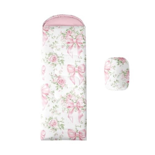 Bolsa de dormir infantil Feelyou con moño rosa, impermeable y portátil para camping en clima cálido y frío miniatura 1