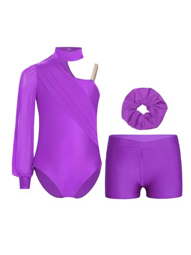 Fldy Maillot de gimnasia para niña de manga larga con pantalones cortos y goma para el pelo para niños, maillot de malla acanalada, morado, 170