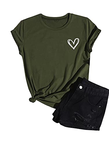 Sweatyrocks Women's Heart Print T Shirts Summer Funny Short Sleeve Tops For Teen Girl Heart Army Green Xs #TOP11